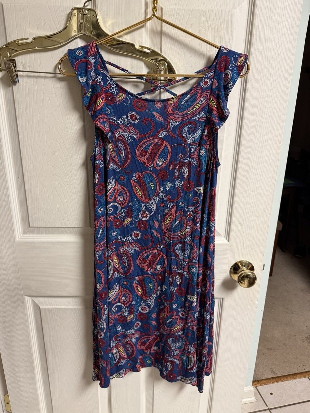 Loft Shirt Dress Paisley Casual floral Tropical Strappy Back Blue Pink Ruffle Sm